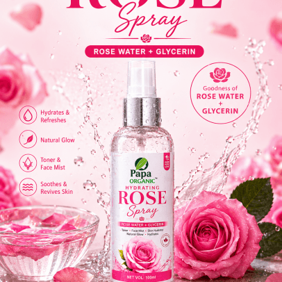 PapaOrganic Natural Rose Water + Glycerin – Pack of 3 | Hydrating & Refreshing (100ml. Each)
