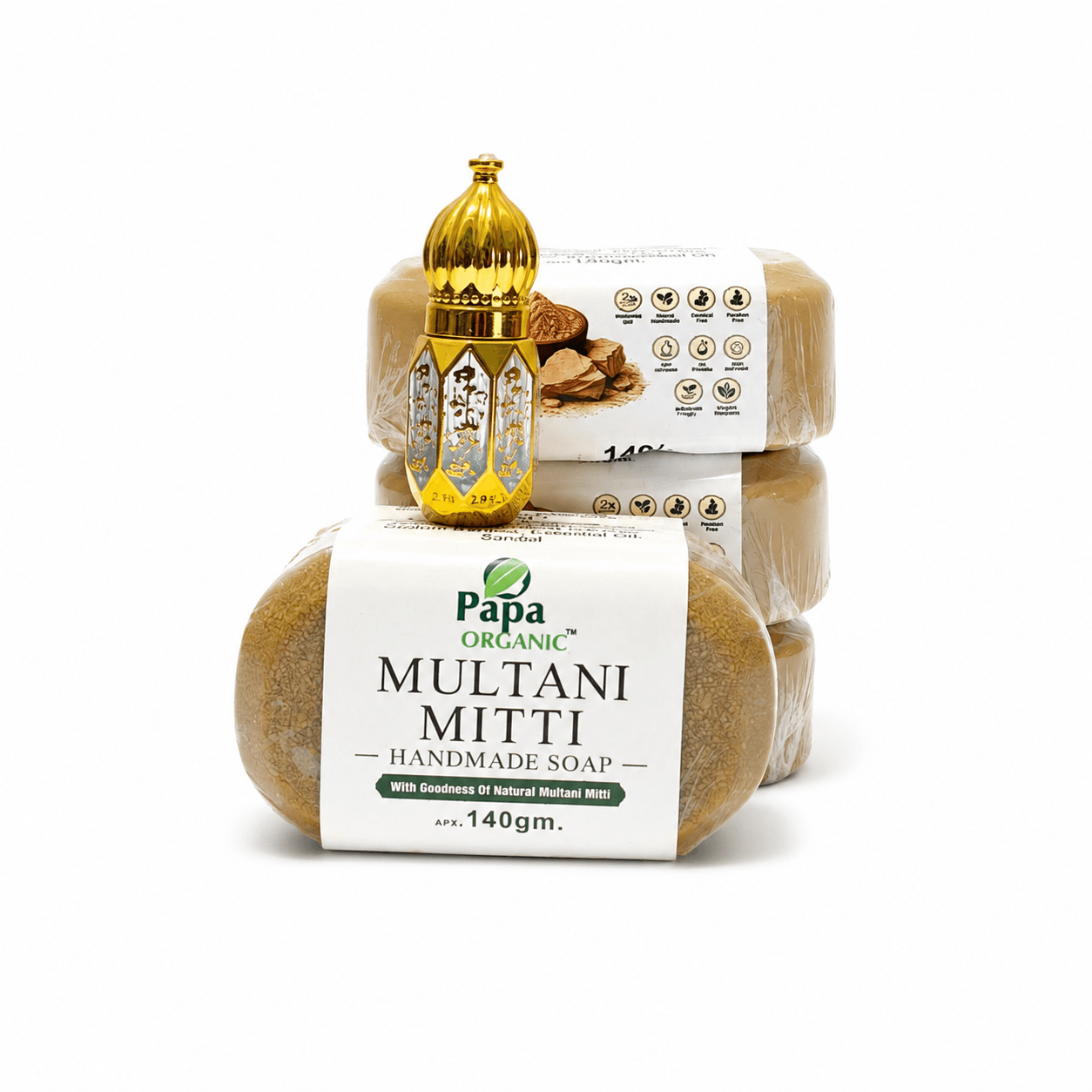 Papa Organic- Multani Mitti Soap Combo Pack (4 × 140g) + Free Attar - Image 2